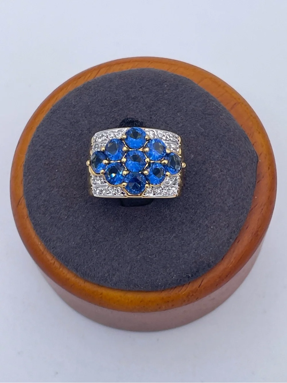 DTC 925 Sterling Silver Gold Plated Simulated Sapphire & CZ Cluster Ring Sz 6.5